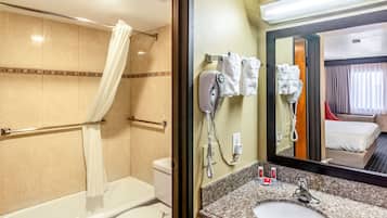 Un baño con ducha, inodoro y tocador con lavabo y espejo.