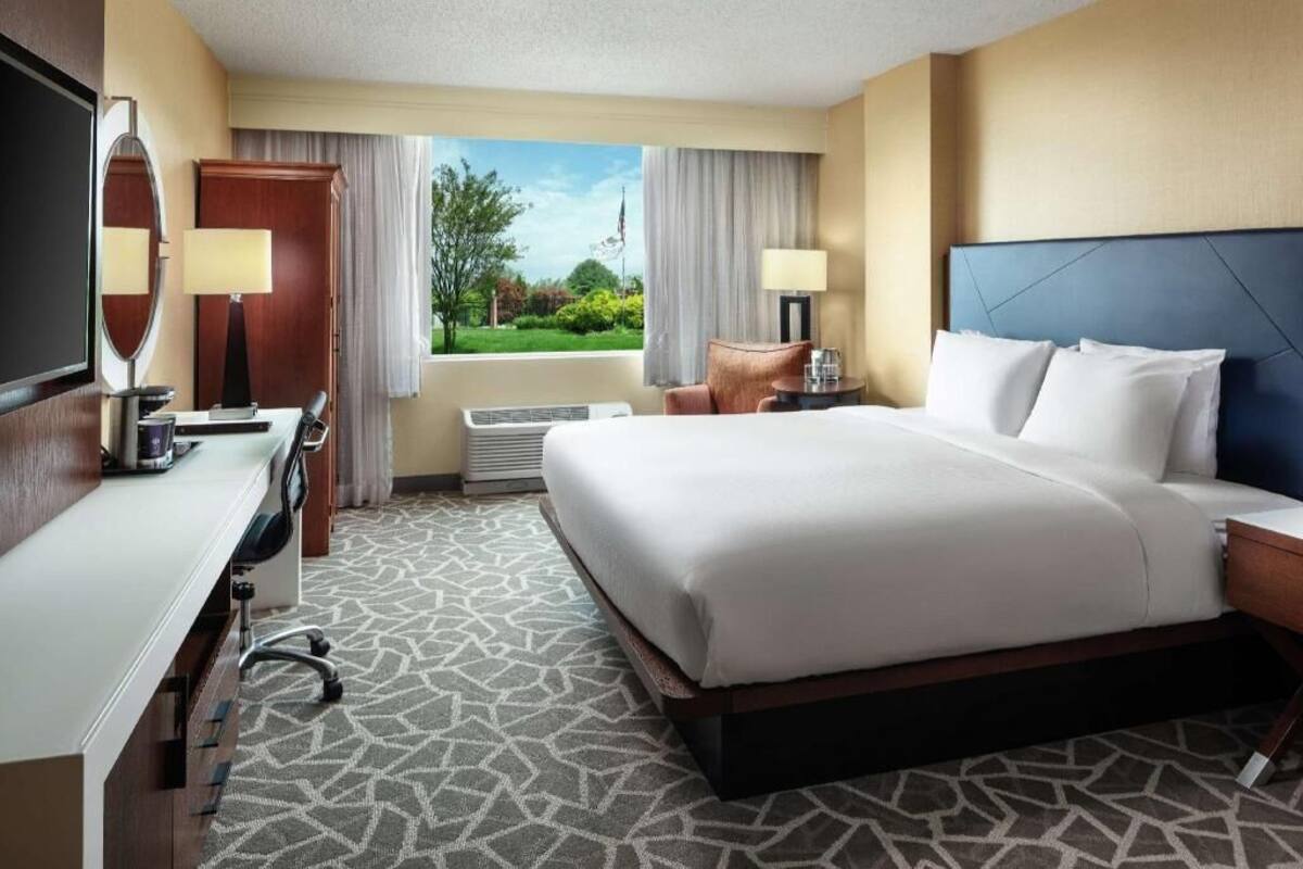 A hotel room with a large bed, a desk, a chair, a TV, and a window with a view of greenery.
