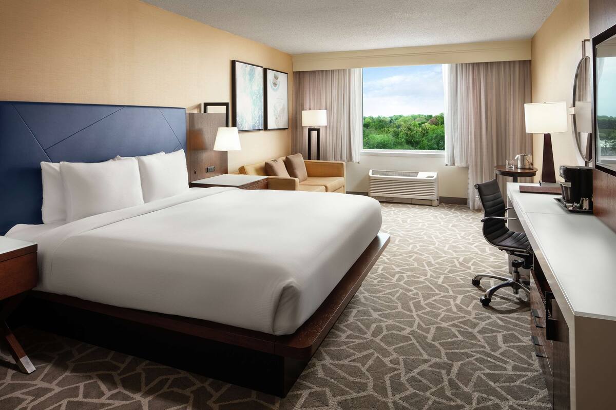 A hotel room with a large bed, a desk, a chair, a sofa, and a window with a view of greenery.