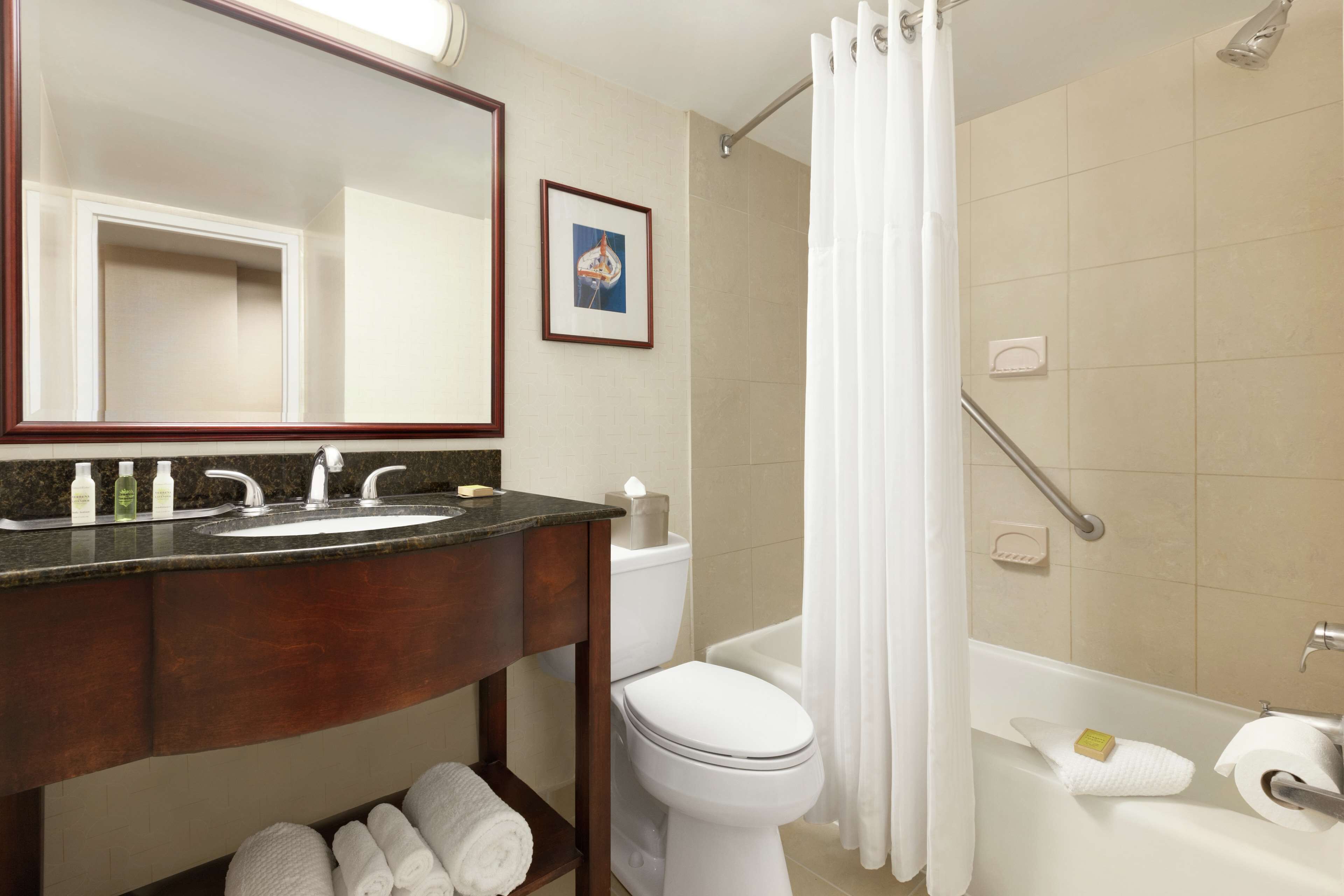 eco-friendly toiletries, hair dryer, towels, soap