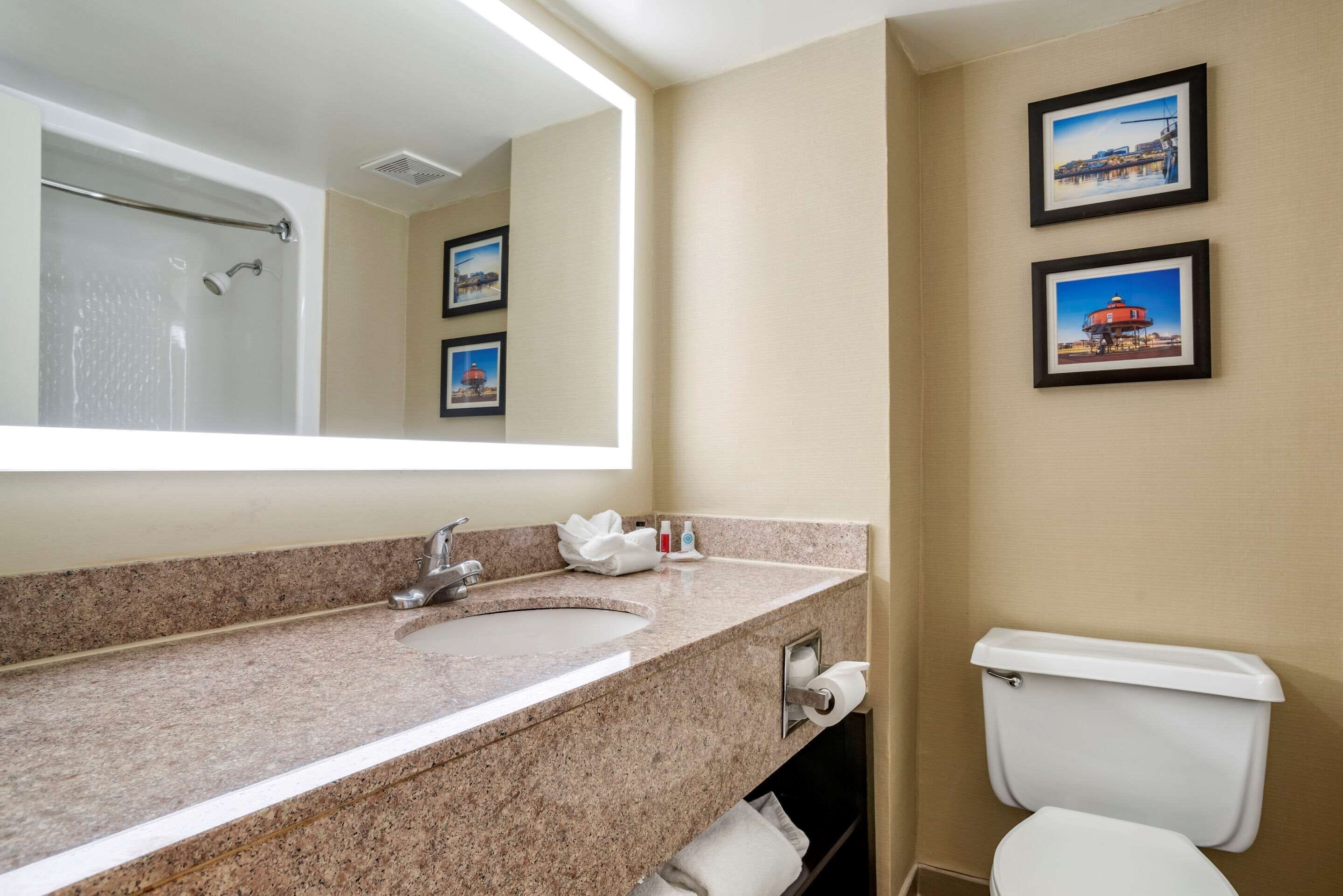 Une salle de bain avec un lavabo doté d’un plan de travail en granit, un grand miroir, des toilettes et deux tableaux encadrés accrochés au mur.