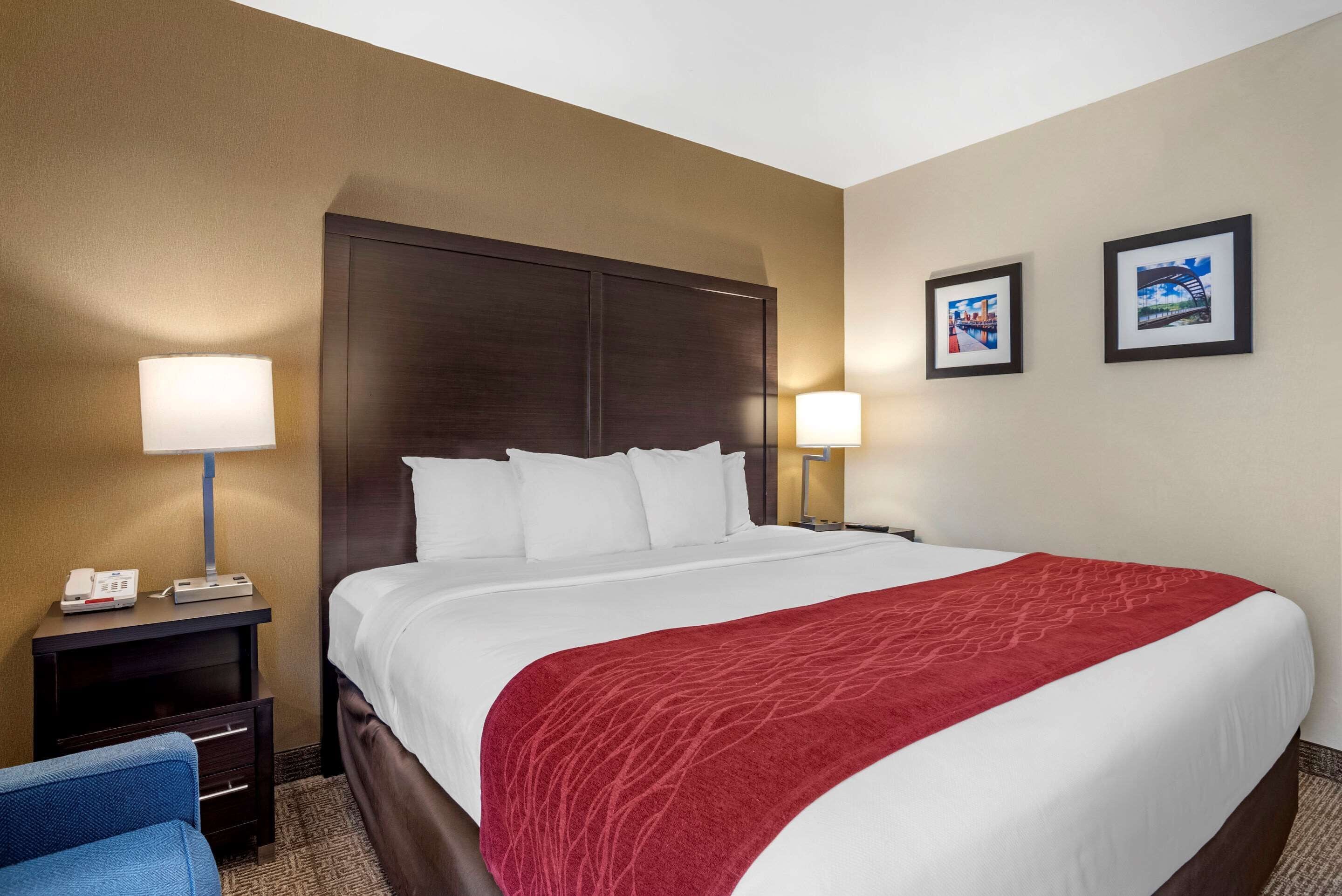 Habitación de hotel con una cama grande, dos lámparas de noche, una mesita de noche con un teléfono y un control remoto, y dos cuadros en la pared.
