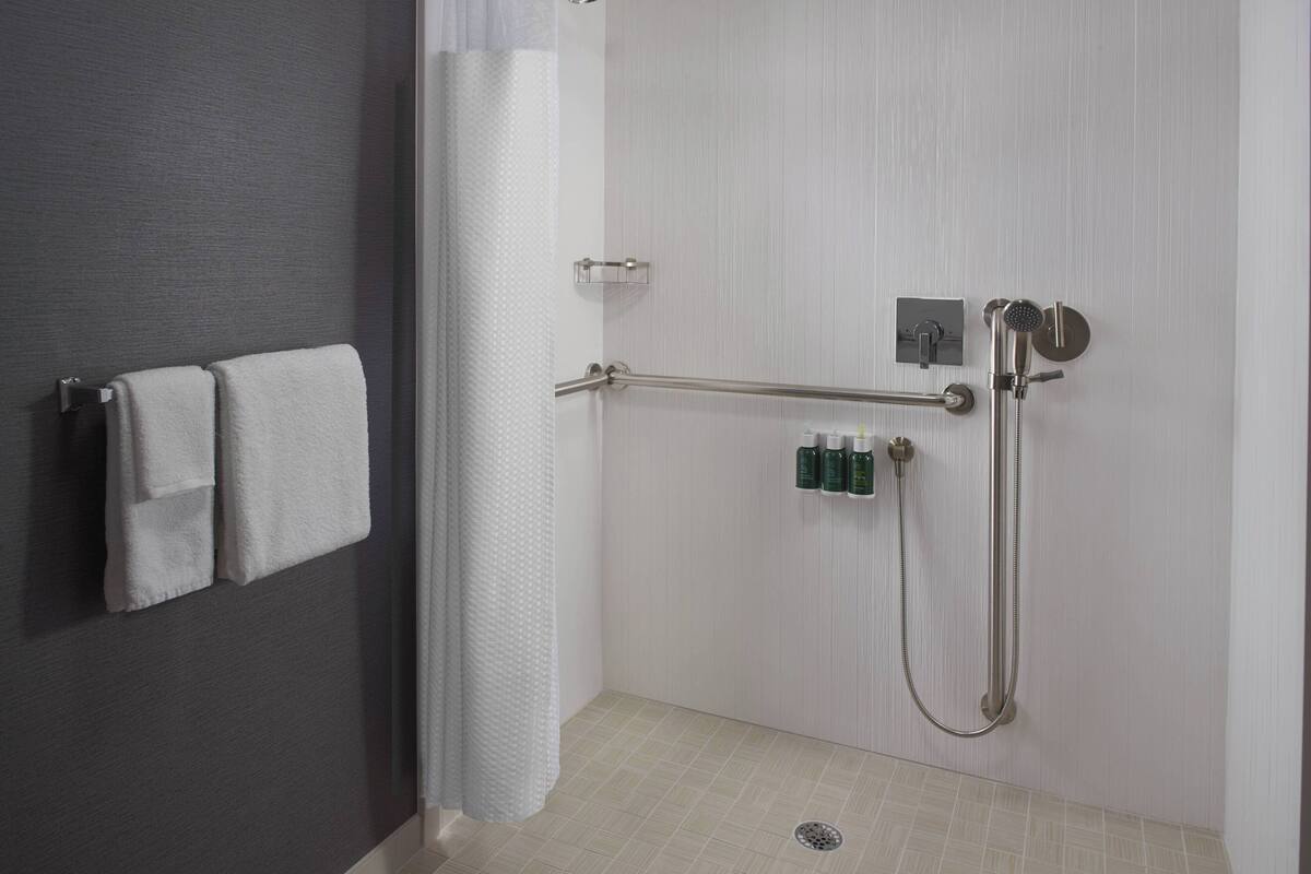 A shower area with a grab bar, a towel rack, and a showerhead.