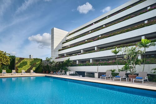 Outdoor pool, pool umbrellas, pool loungers