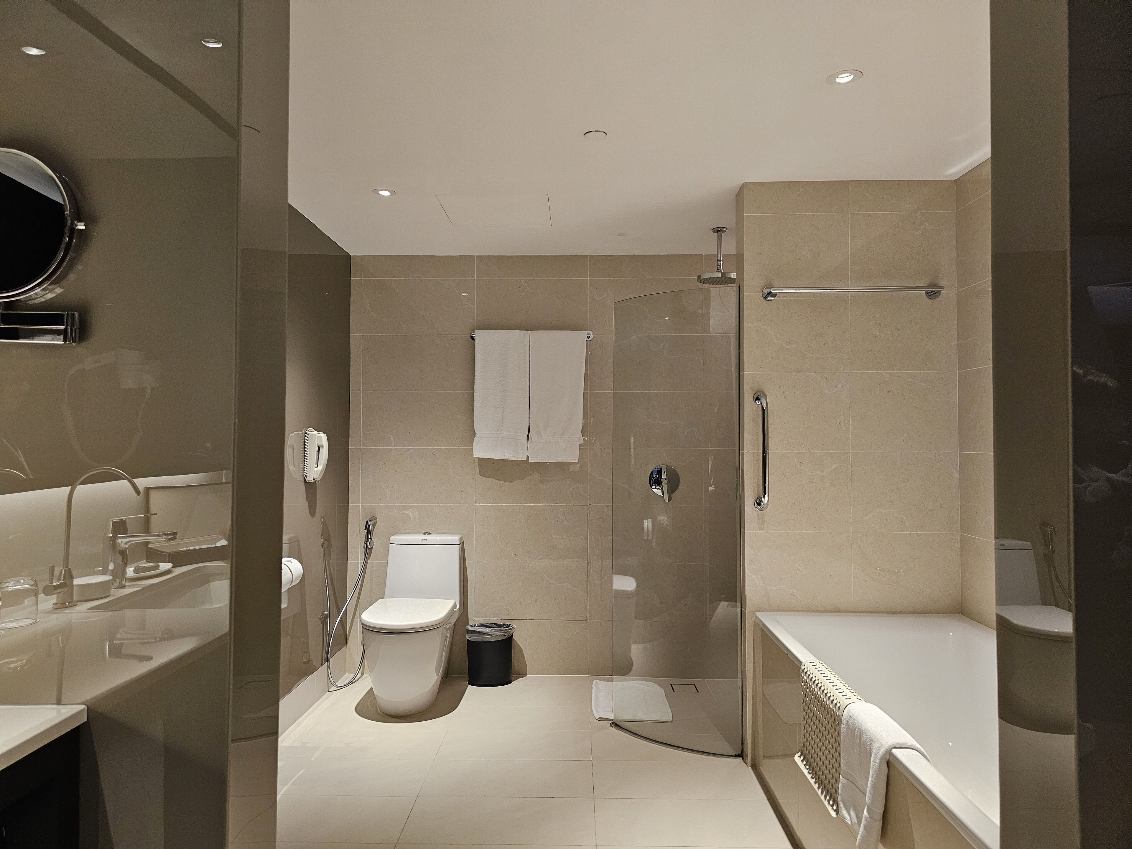 A modern bathroom with a glass-enclosed shower, a toilet, and a bathtub.