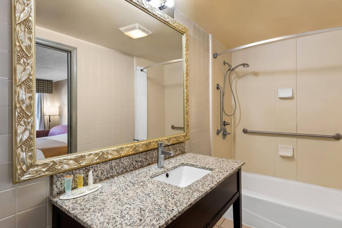 Une salle de bain avec un lavabo surmonté d’un plan de travail en granit, un miroir avec un cadre doré, une douche équipée de barres d’appui et une baignoire blanche.