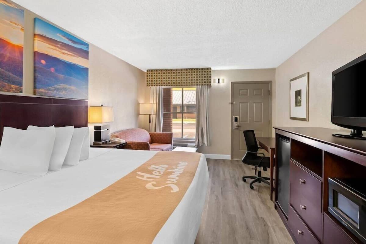 Une chambre d’hôtel équipée d’un lit, d’un bureau, d’une chaise, d’une télévision et décorée avec des œuvres d’art aux murs.
