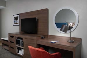 Desk, blackout curtains, soundproofing, iron/ironing board