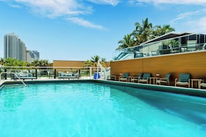 Outdoor pool, pool umbrellas, pool loungers