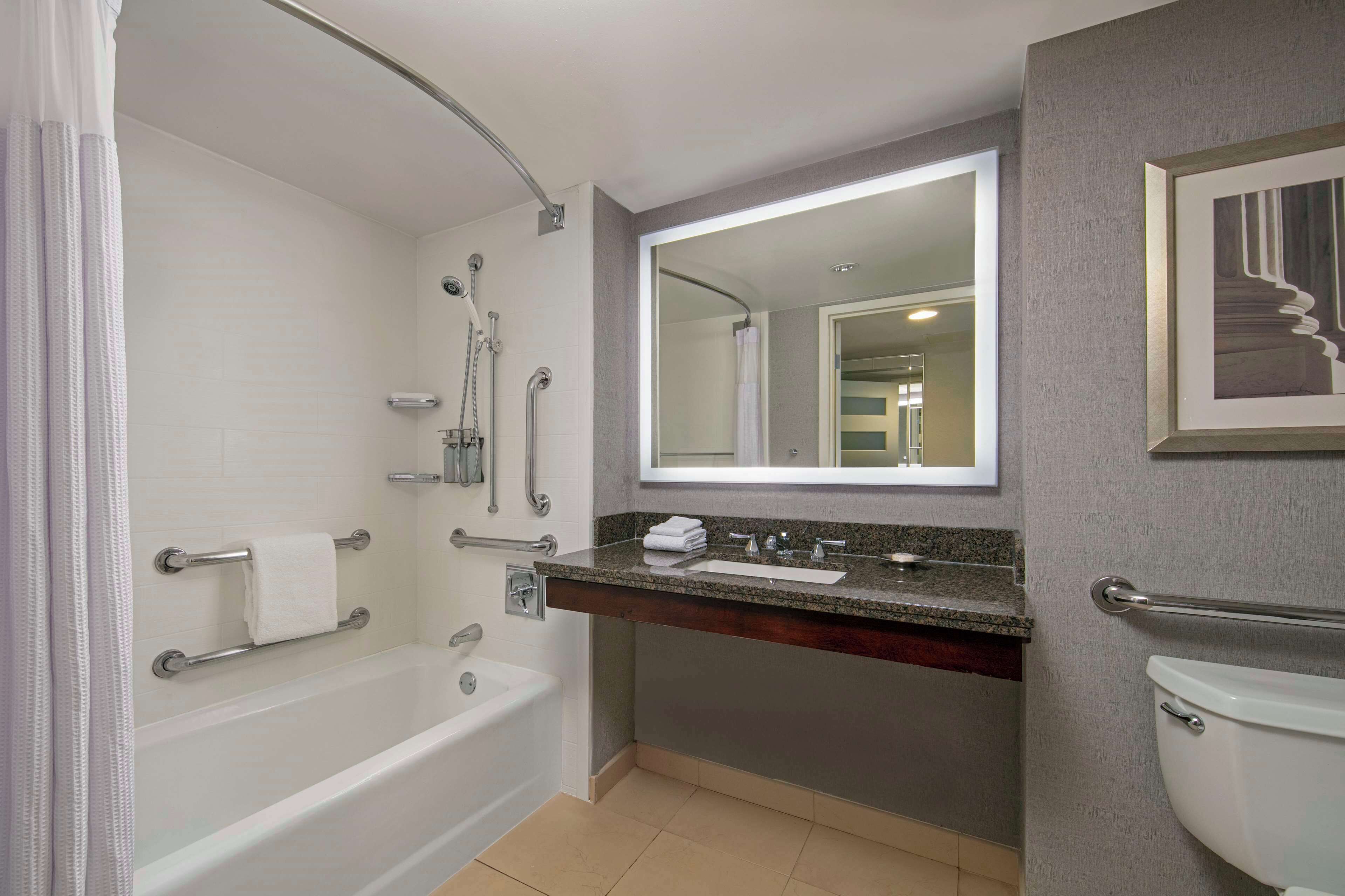 A modern bathroom with a bathtub, shower, and toilet. It includes grab bars and a vanity with a mirror.