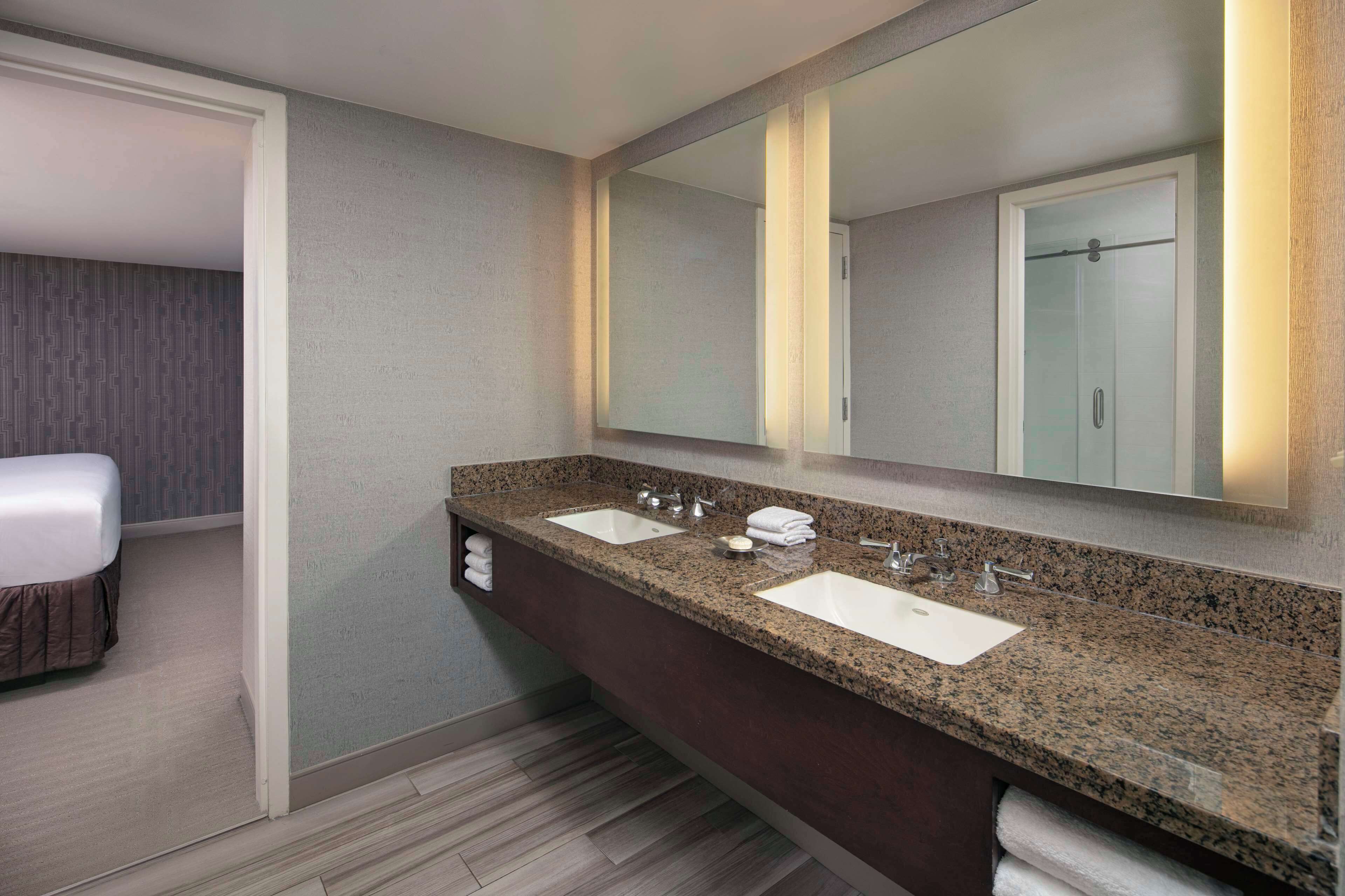 A modern bathroom with a granite countertop, two sinks, a large mirror, and a shower door.