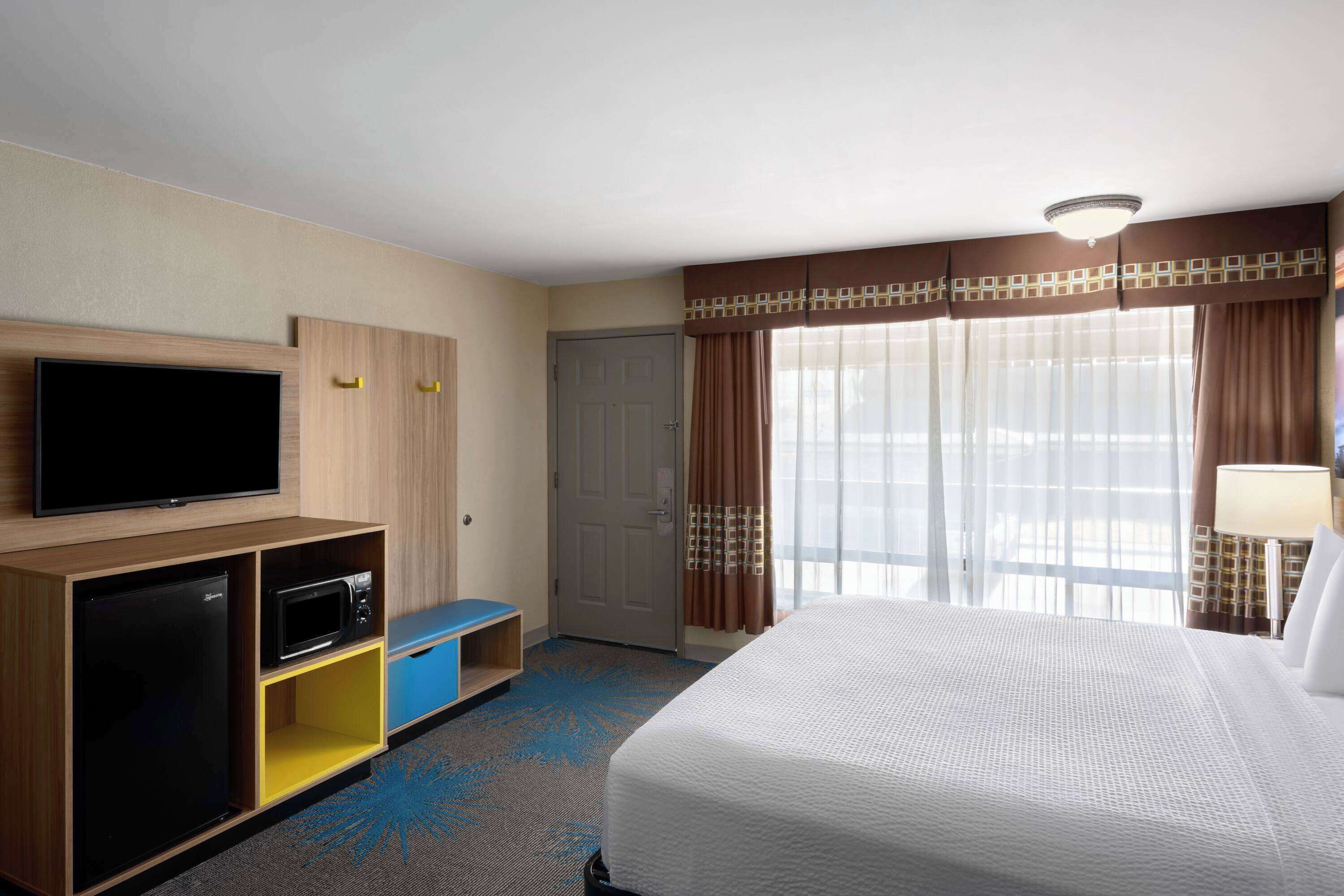 Camera d'albergo con un letto, una televisione, un forno a microonde e un mini-frigorifero.