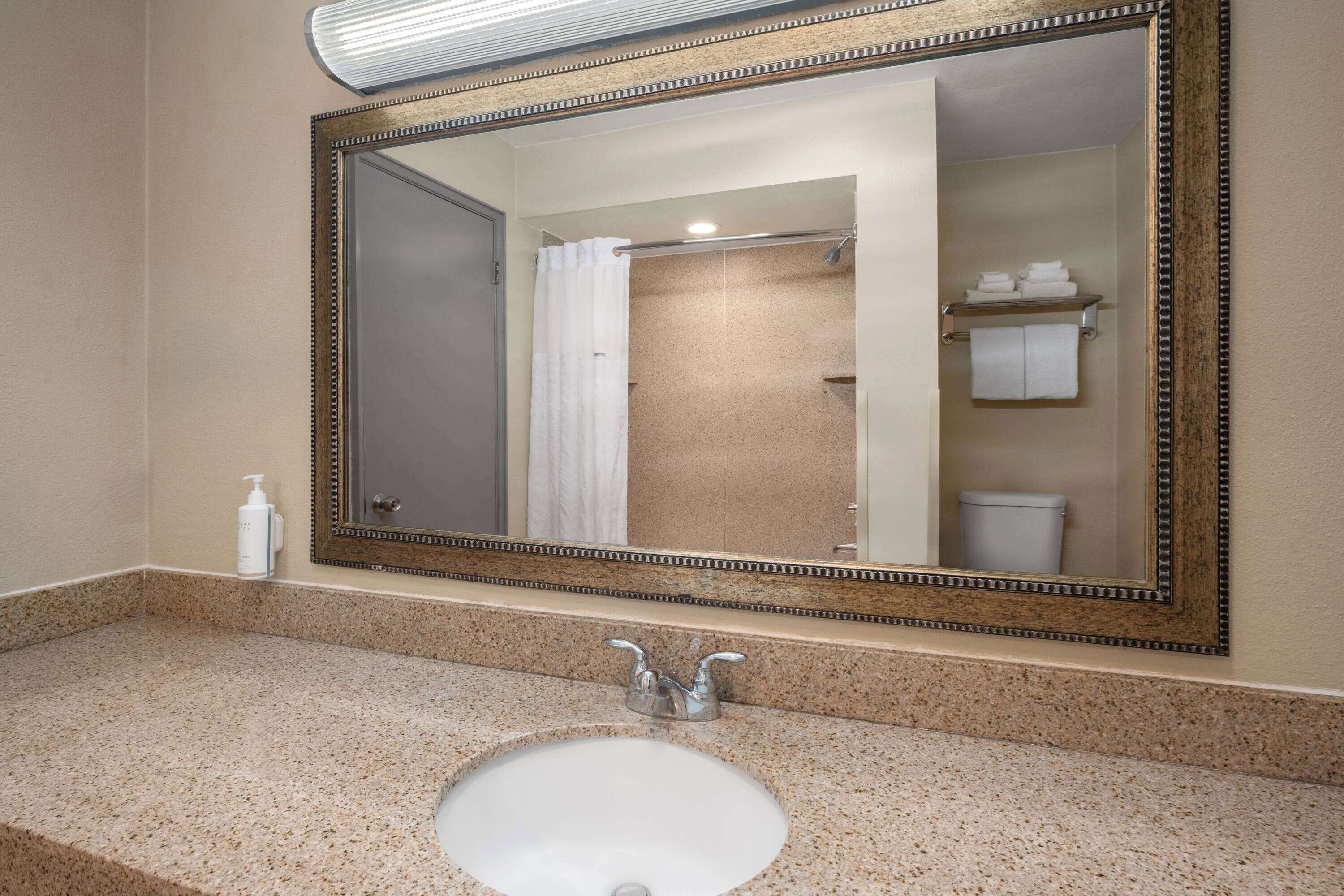 Un baño con un espejo grande, un lavamanos y una zona de ducha.