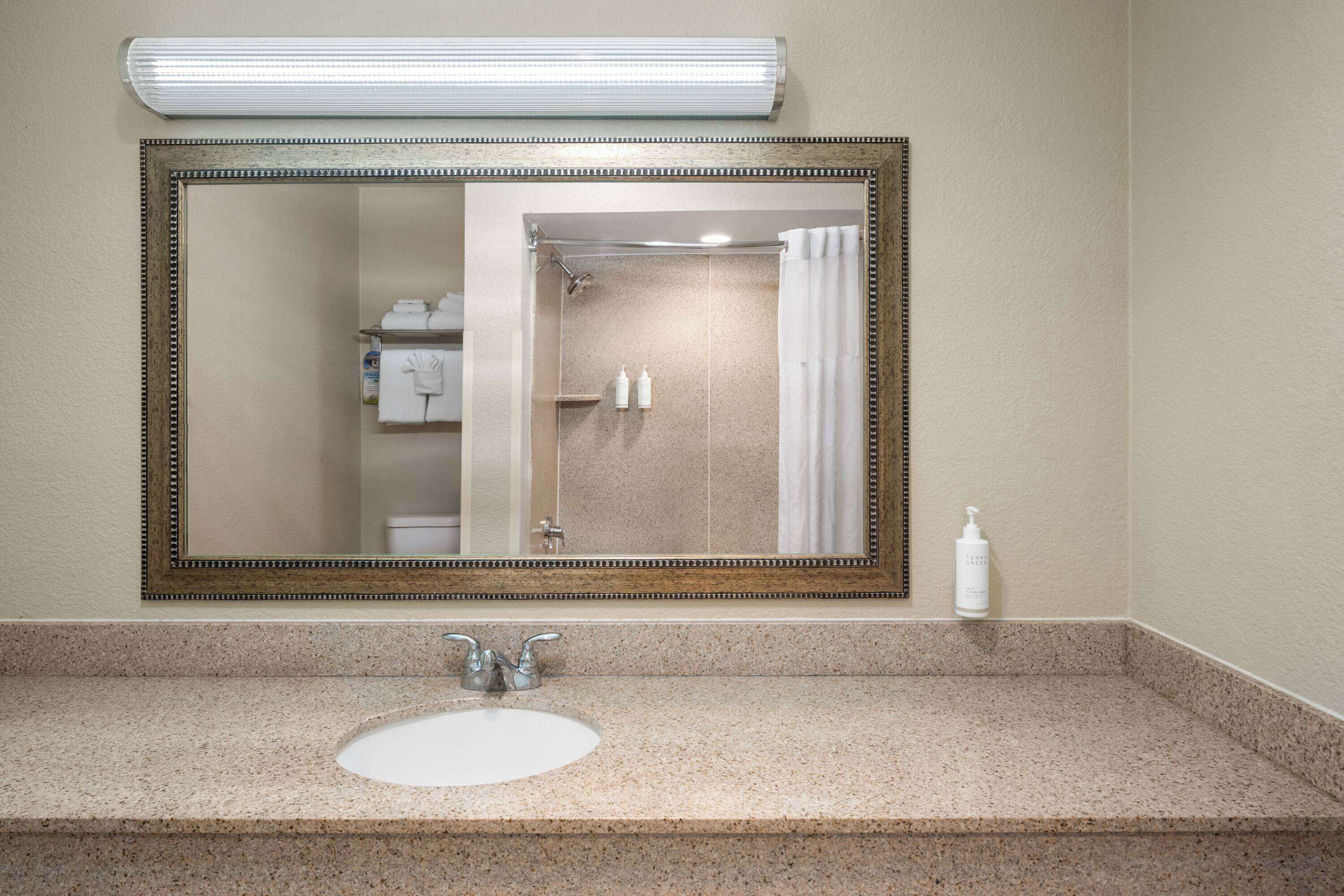 A bathroom with a large mirror, a sink, and a shower.