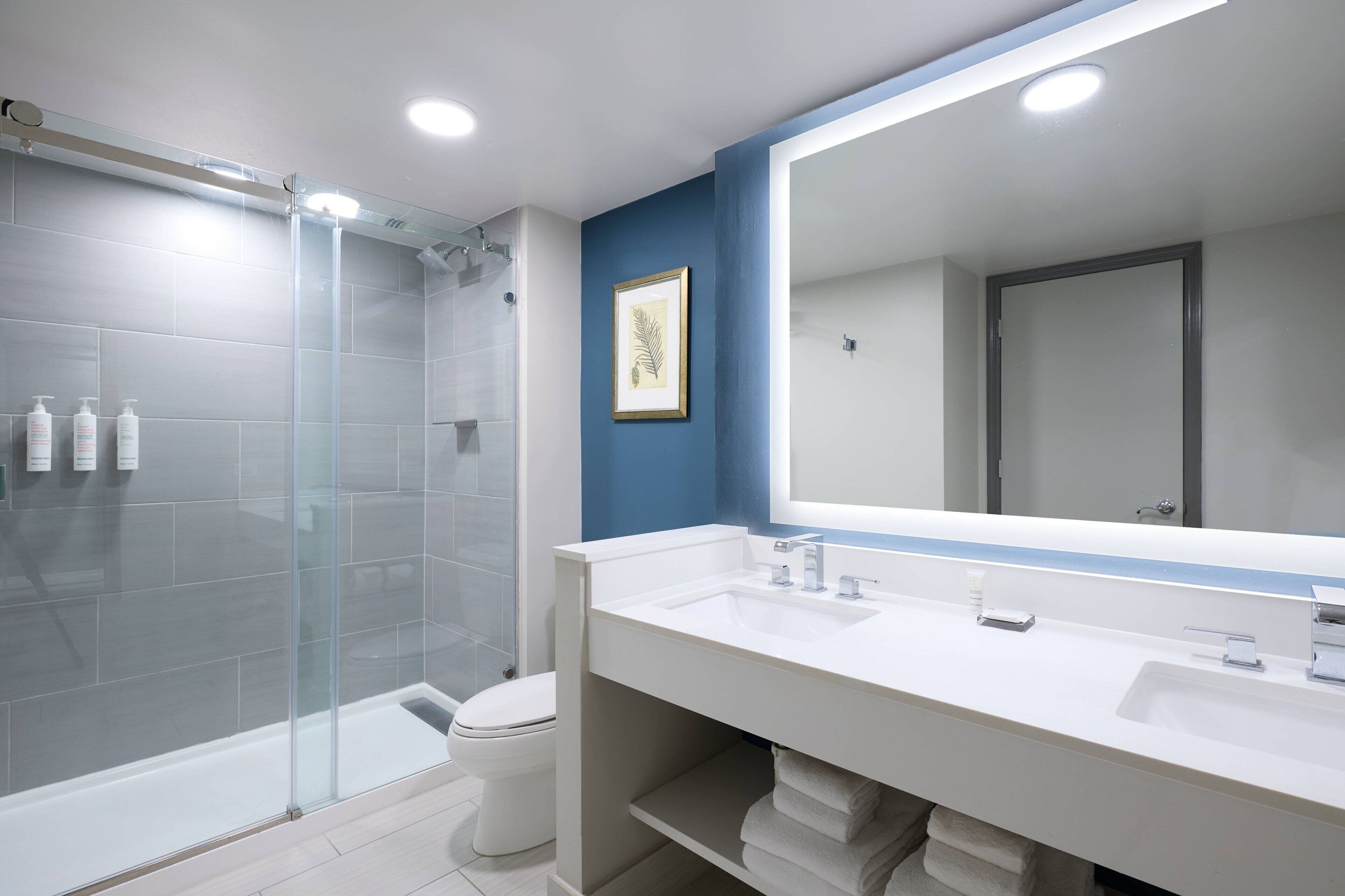 A modern bathroom with a glass shower enclosure, a large mirror, and a white sink.
