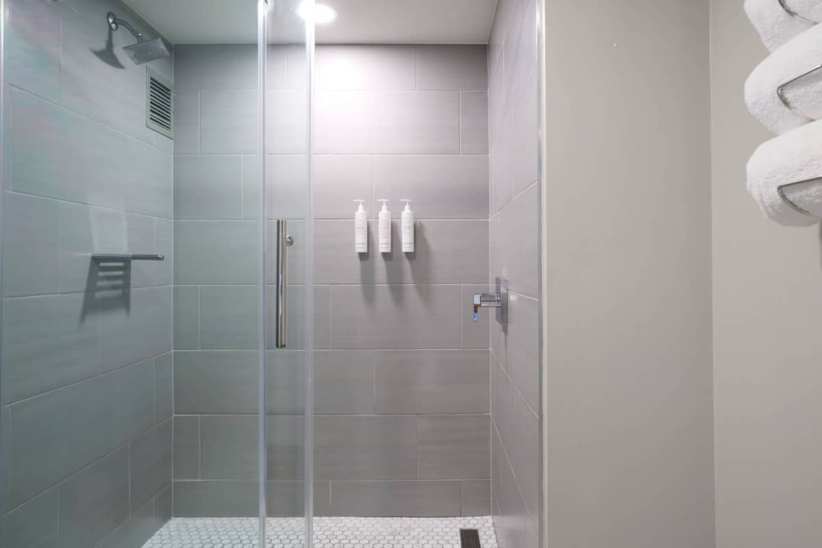 Combined shower/bathtub, designer toiletries, hair dryer, bathrobes