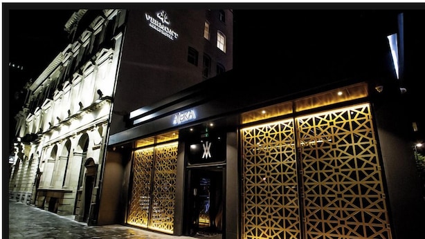 A hotel facade with a geometric patterned entrance and a sign reading "AWEKA". - The Vermont Hotel Newcastle (Newcastle-upon-Tyne)
