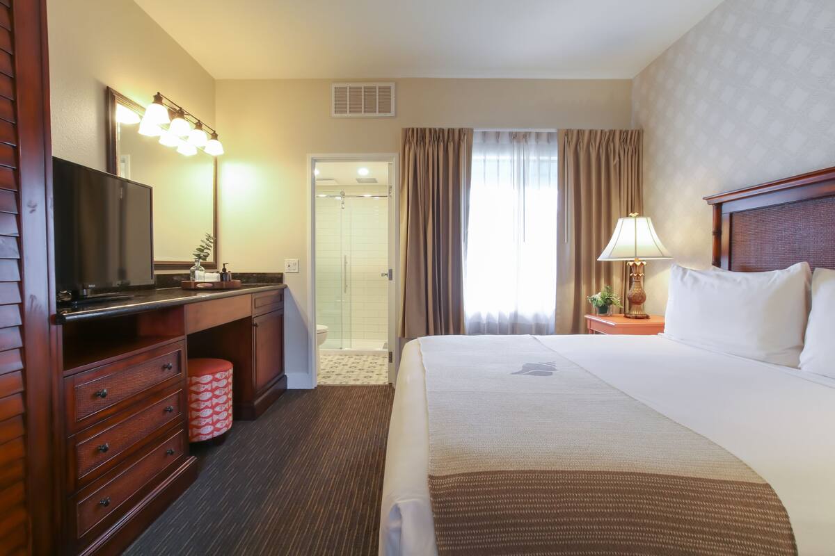 Een hotelkamer met een bed, een bureau met spiegel, een televisie, een lamp en een badkamer met douche.