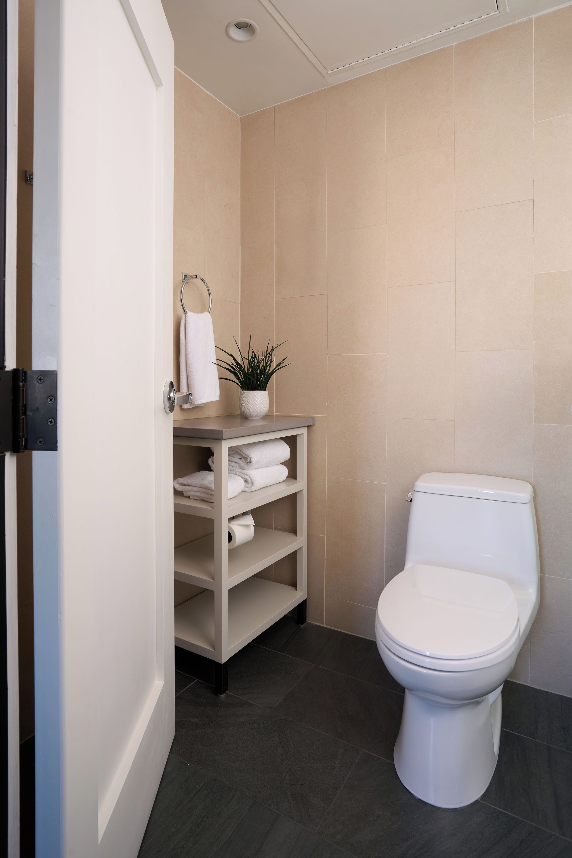 Un baño moderno con inodoro, un estante con toallas y una planta en maceta.