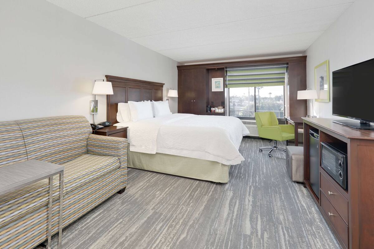 A hotel room with a bed, a sofa, a desk, a television, and a window with a city view.