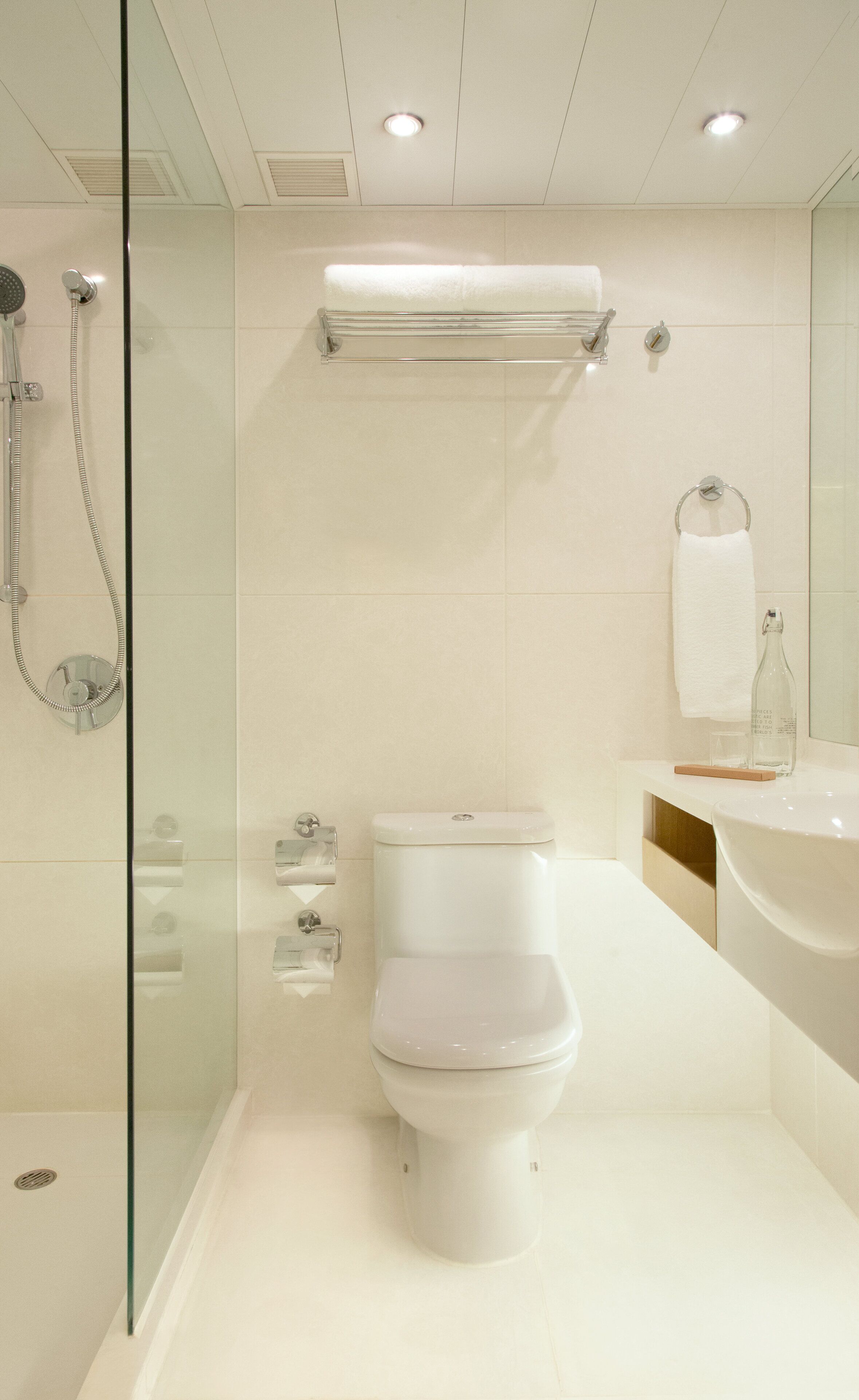 A modern bathroom with a glass-enclosed shower, a white toilet, and a large sink with a mirror.