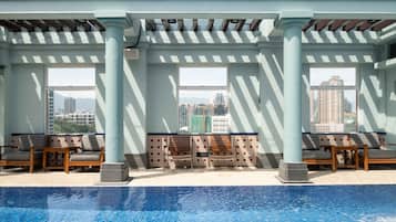 Outdoor pool, open 9:30 AM to 7:30 PM, pool umbrellas, sun loungers
