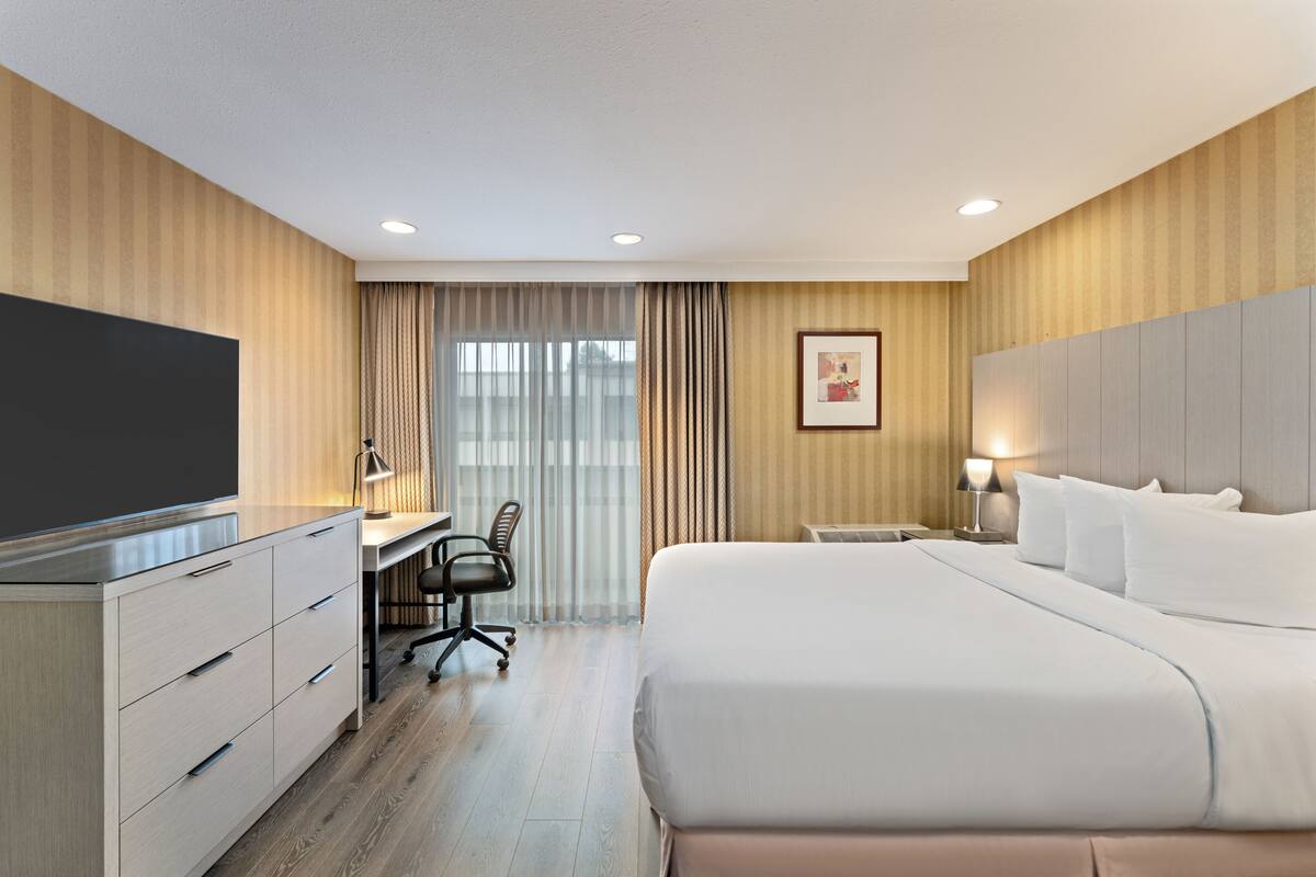 Une chambre d’hôtel équipée d’un lit, d’un bureau, d’une chaise, d’une télévision et de rideaux.