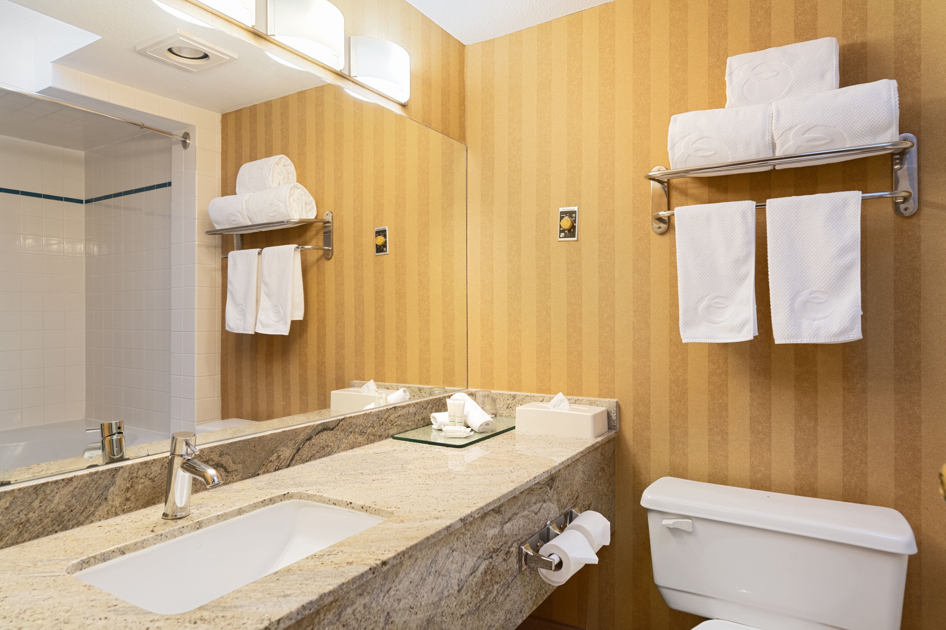 Une salle de bain avec un lavabo en marbre, un grand miroir, des toilettes et des porte-serviettes avec des serviettes pliées.