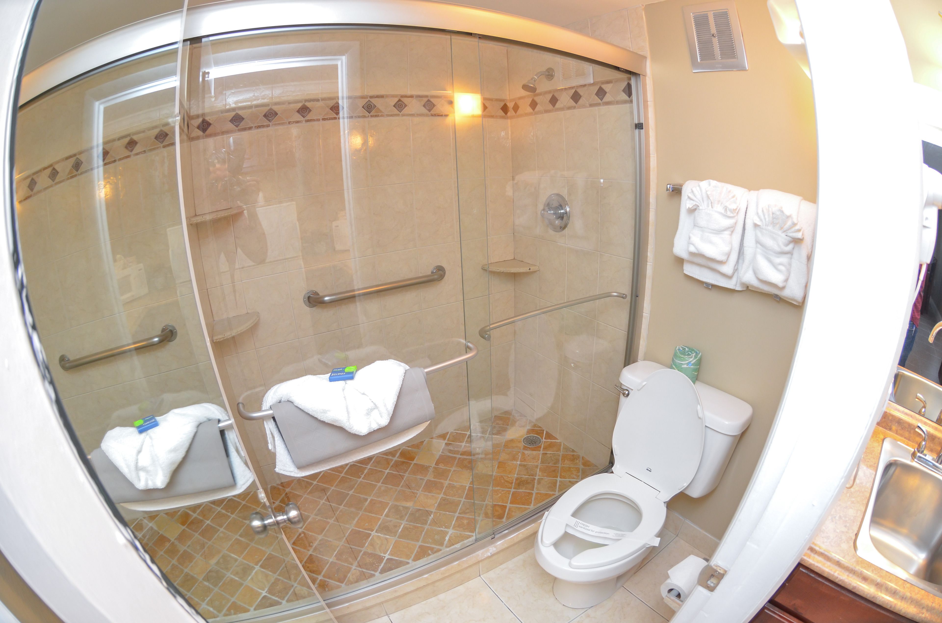 Ein Badezimmer mit einer Duschkabine, einer Toilette und einem Waschbecken.