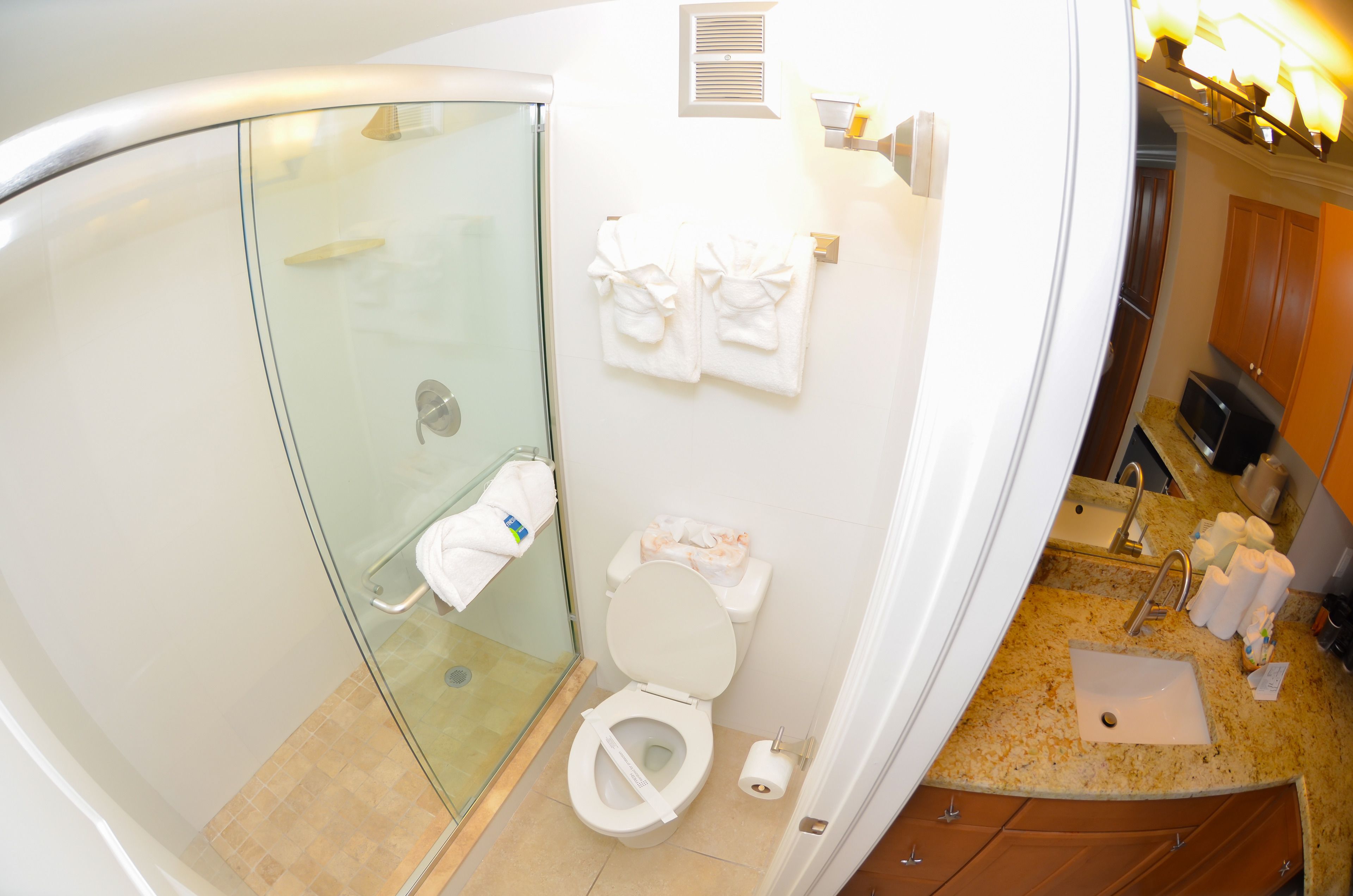Een kleine badkamer met een douchecabine van glas, een toilet en een wastafel.