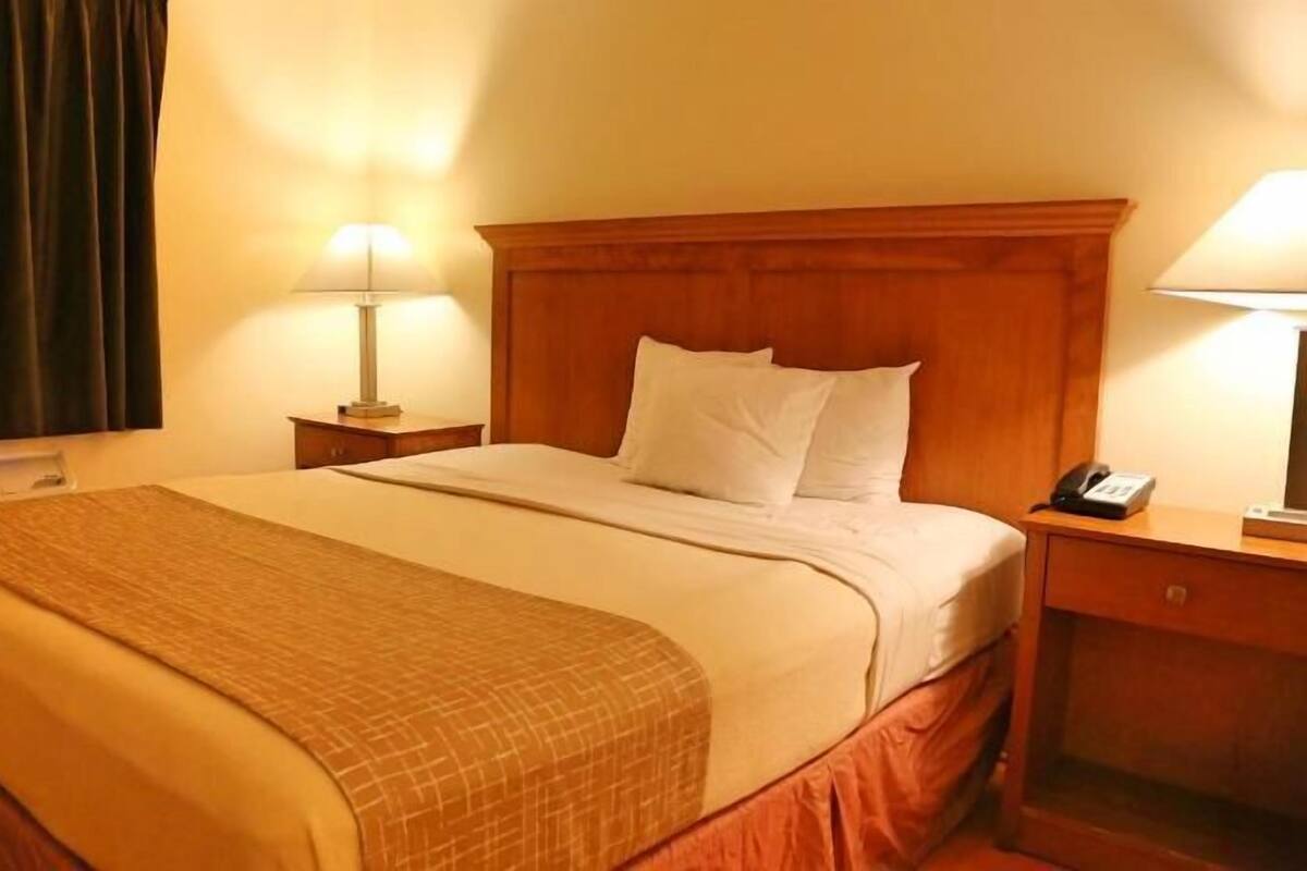 Une chambre d’hôtel équipée d’un lit, de lampes de chevet, d’un téléphone et d’un radiateur.