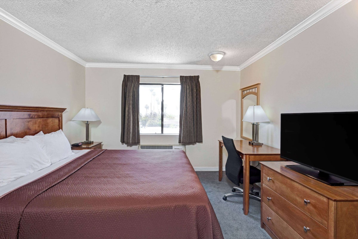 Une chambre d’hôtel comprenant un lit, un bureau avec une télévision, une chaise et une commode.
