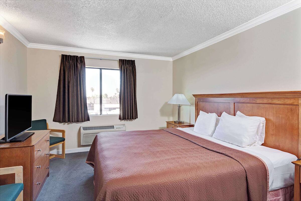 Une chambre d’hôtel avec un grand lit, une télévision, un bureau et une fenêtre avec des rideaux.