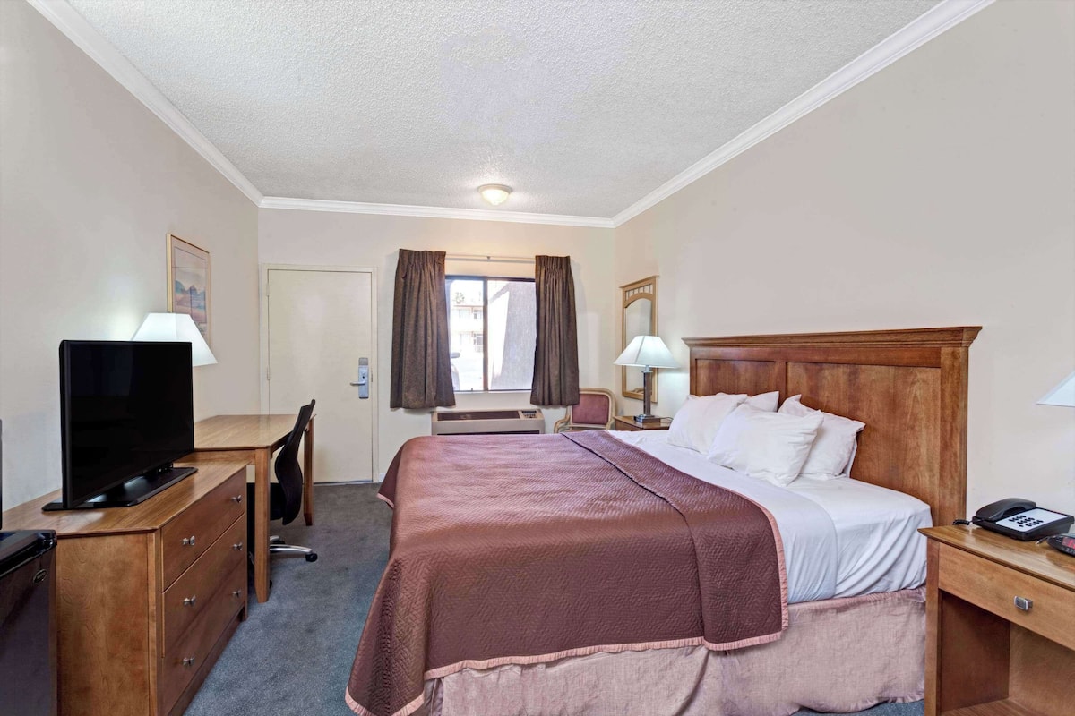 Une chambre d’hôtel comprenant un lit, un bureau avec une télévision, une chaise, une lampe et un téléphone.