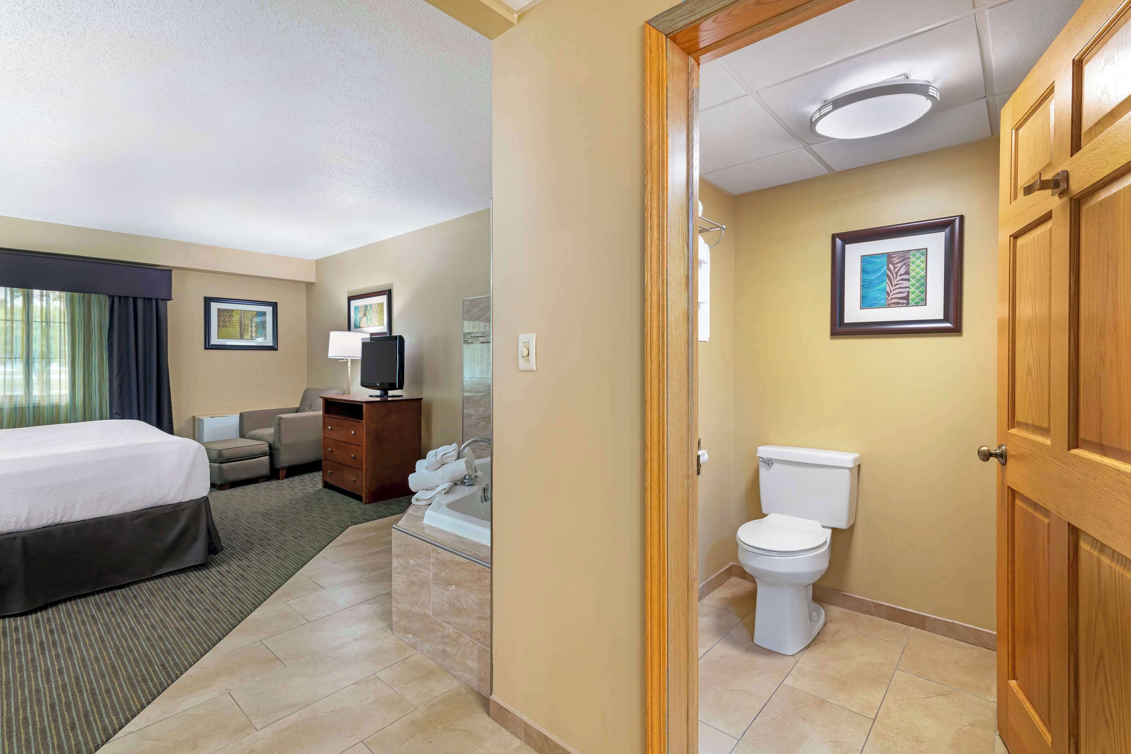 A hotel room with a bed, a desk, a chair, a sofa, a bathroom with a toilet and sink, and a framed picture on the wall.