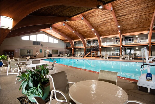 Indoor pool, open 7:30 AM to 10:00 PM, pool loungers