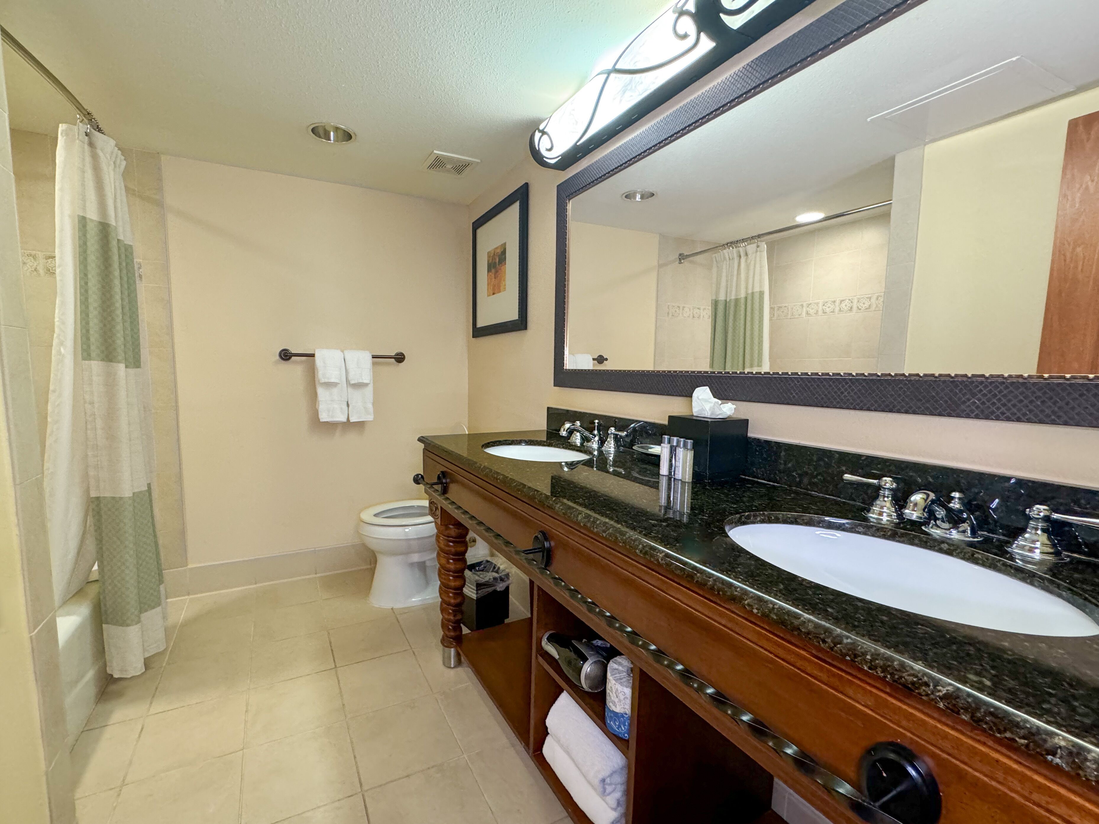 A bathroom with two sinks, a toilet, a shower curtain, a towel rack, and a large mirror.