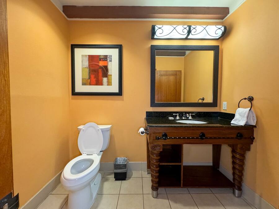 A bathroom with a white toilet, a sink with a wooden vanity, a framed artwork above the toilet, and a mirror with a wooden frame.