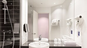 Shower, free toiletries, hair dryer, towels