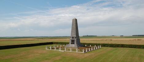 Een hoog, smal monument met een basis omringd door een lage hekken, gelegen in een grasveld met verre velden en een heldere lucht.