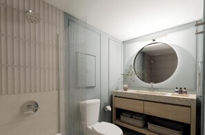 Combined shower/tub, eco-friendly toiletries, hair dryer, towels