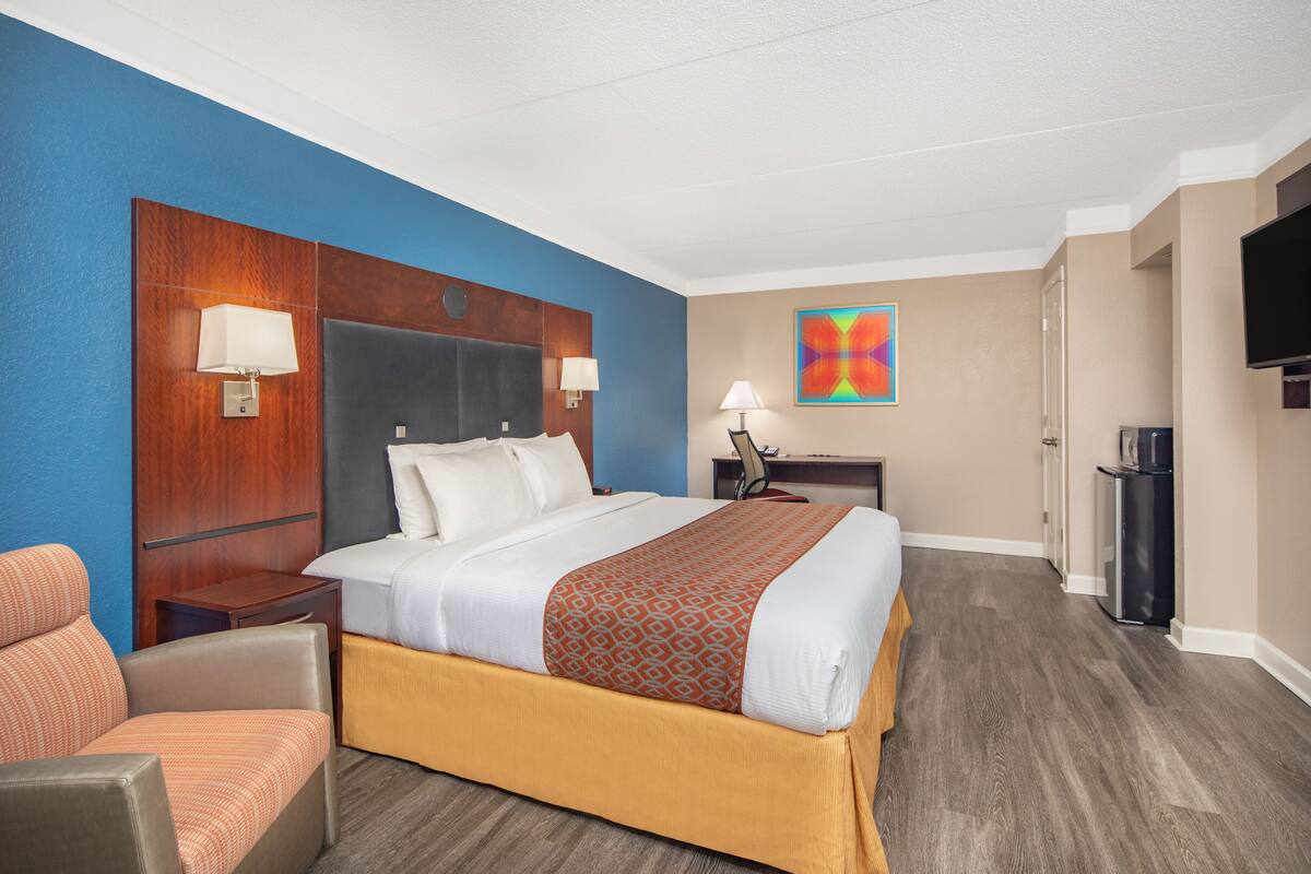 Habitación de hotel con una cama grande, un escritorio, una silla, un televisor y un cuadro en la pared.