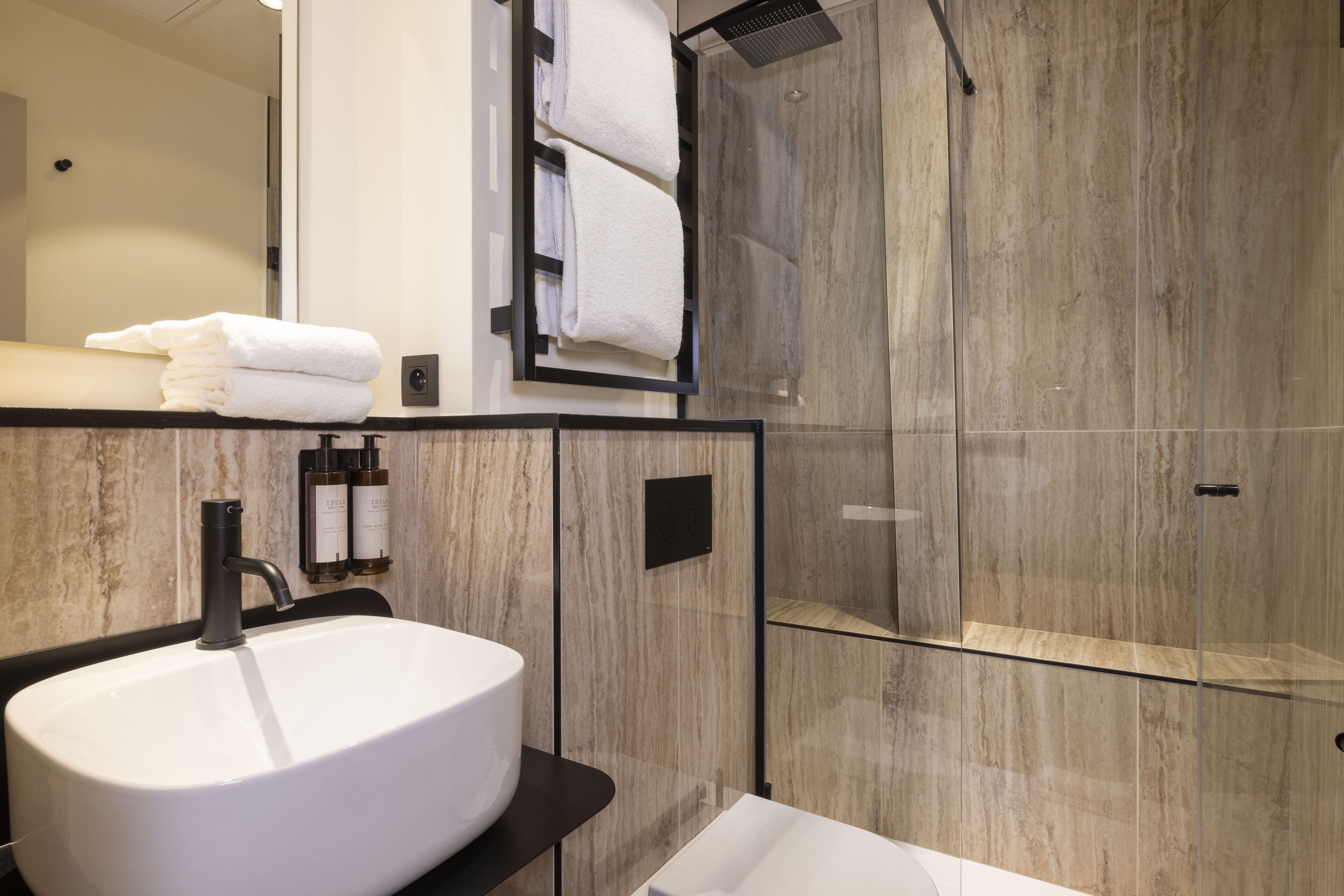 shower, eco-friendly toiletries, hair dryer, towels