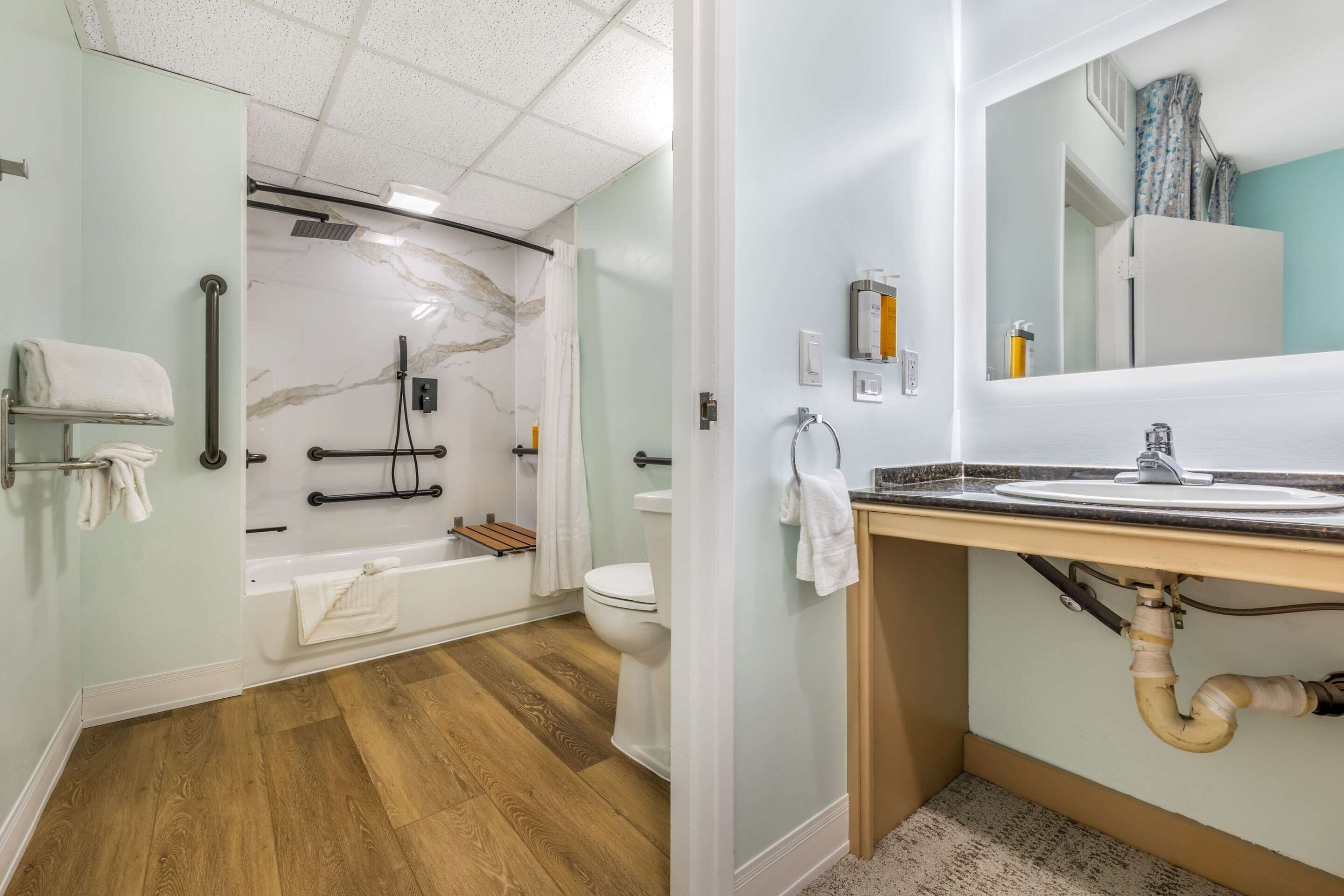 suite, 1 king bed with sofa bed, accessible, non smoking (roll-in shower) | bathroom | free toiletries, hair dryer, towels, soap