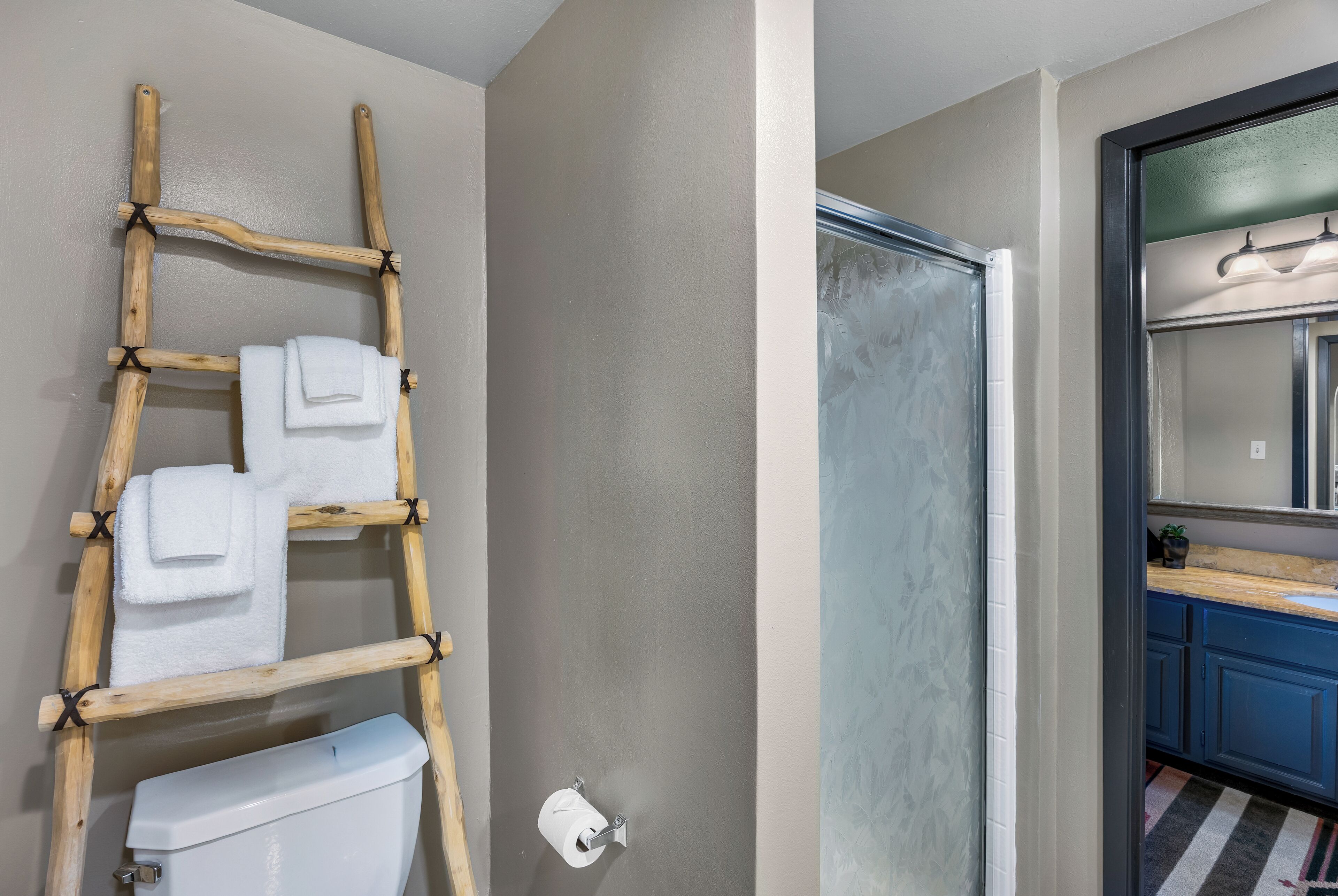 A bathroom with a wooden ladder holding towels, a toilet paper holder, and a shower with a frosted glass door.