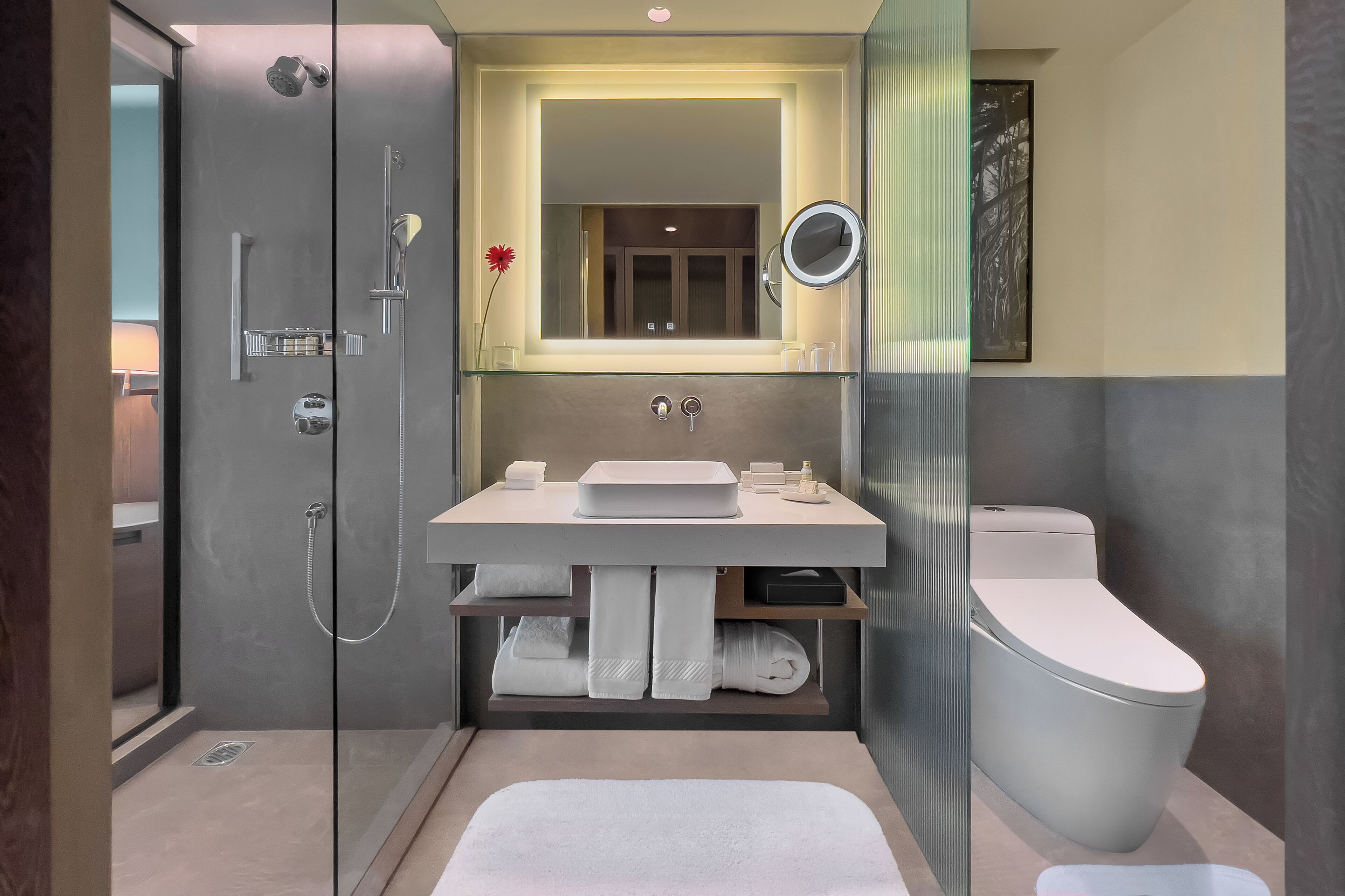 separate bathtub and shower, deep-soaking bathtub, rainfall showerhead