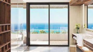 Preferred Club Governor Suite Ocean Front Plunge Pool | Baño | Tina y regadera independientes y amenidades de baño ecológicas