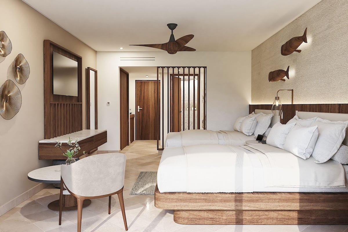 Literie de qualité, lit avec matelas à plateau-coussin, minibar