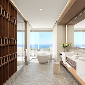 Separate bathtub and shower, eco-friendly toiletries, hair dryer, soap