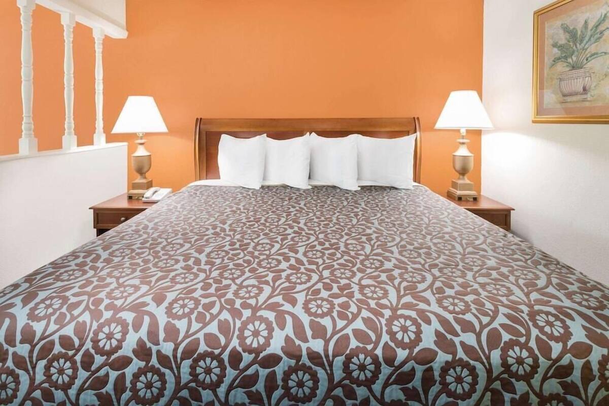 Habitación de hotel con una colcha estampada, dos lámparas de noche, un cabecero de madera y un cuadro enmarcado en la pared.